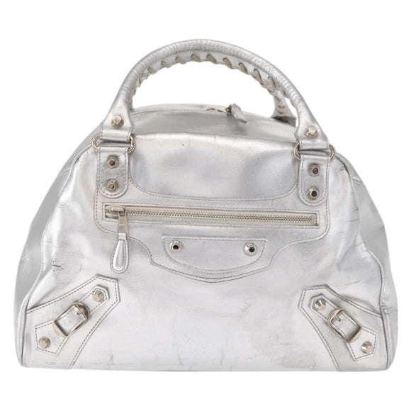 BALENCIAGA Grease Hand Bag Leather Silver 203249 Auth bs30812