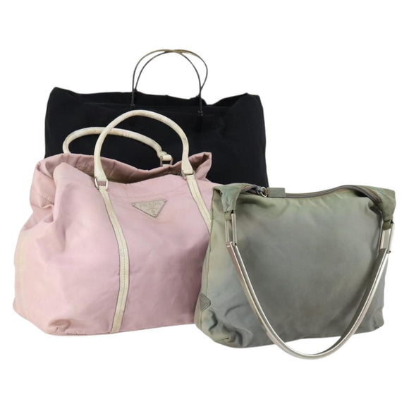 PRADA Hand Bag Nylon 3 Set Black Green pink Auth bs30847