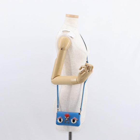 FENDI Micro Bucket Monster Umhängetasche Leder 2way Blau Silber Auth bs30913