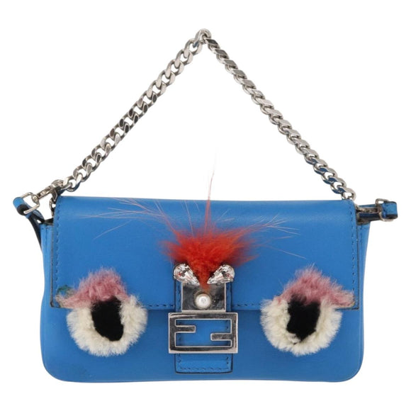 FENDI Micro Bucket Monster Umhängetasche Leder 2way Blau Silber Auth bs30913