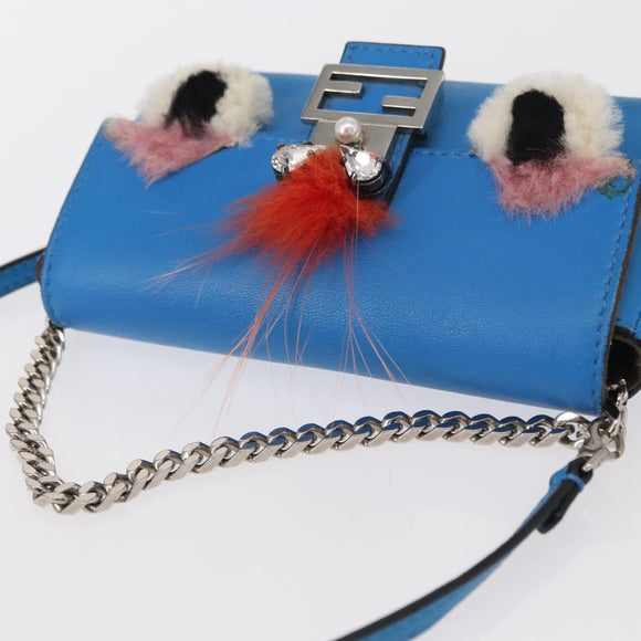 FENDI Micro Bucket Monster Umhängetasche Leder 2way Blau Silber Auth bs30913