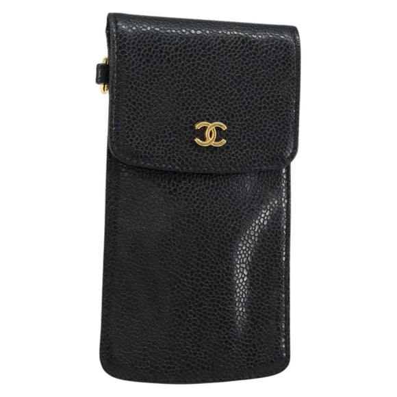 CHANEL COCO Mark Pouch Caviar Skin Black Gold CC Auth bs30918