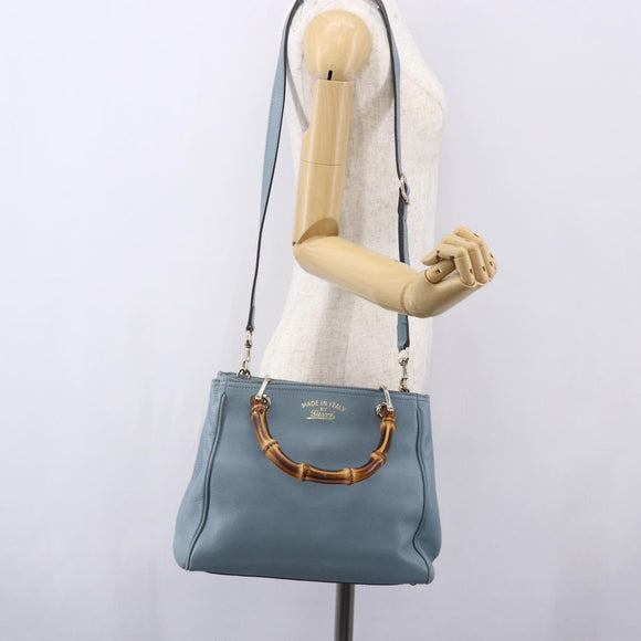 GUCCI Bamboo Hand Bag Leather 2way Blue Silver 336032 Auth bs30949