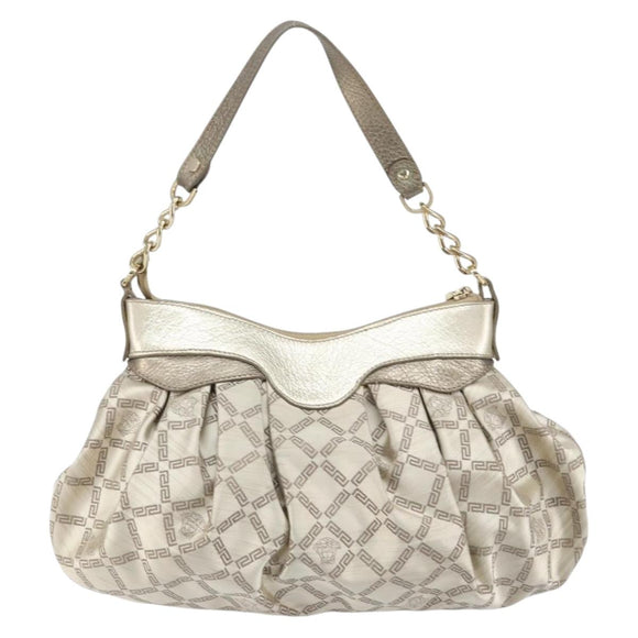 VERSACE Chain Shoulder Bag Canvas Champagne Gold Auth bs30954