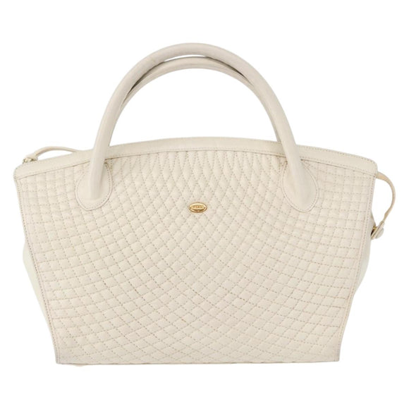 BALLY Hand Bag Leather White Gold Auth bs30959