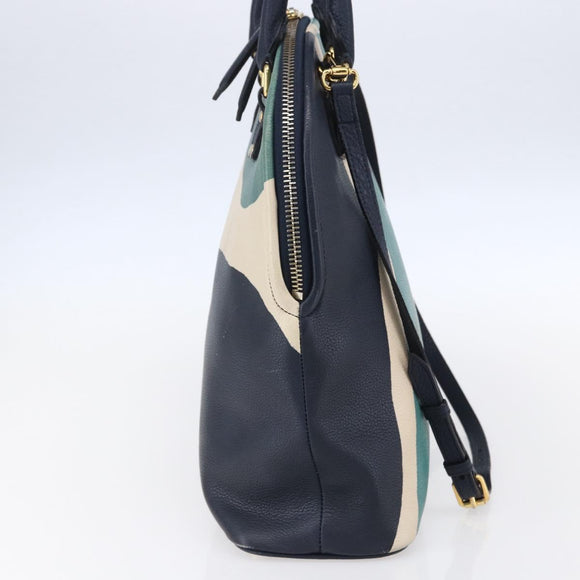 BURBERRY Hand Bag Leather 2way Navy Gold Auth bs30983