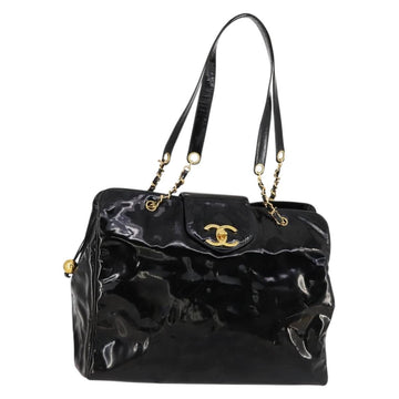 CHANEL Shoulder Bag Enamel Black Gold CC Auth bs30987