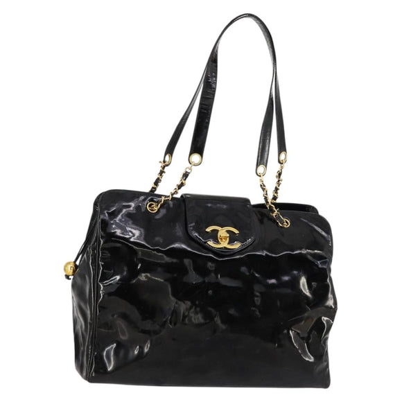 CHANEL Shoulder Bag Enamel Black Gold CC Auth bs30987