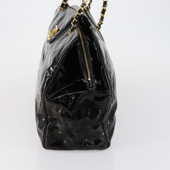 CHANEL Shoulder Bag Enamel Black Gold CC Auth bs30987