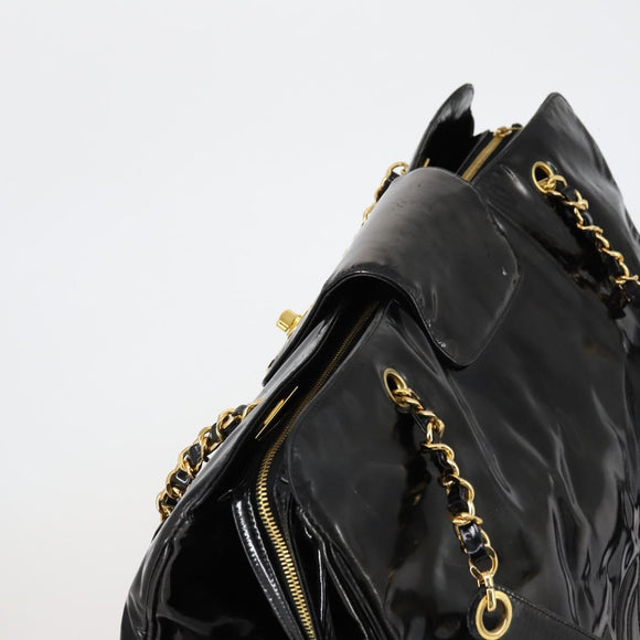 CHANEL Shoulder Bag Enamel Black Gold CC Auth bs30987