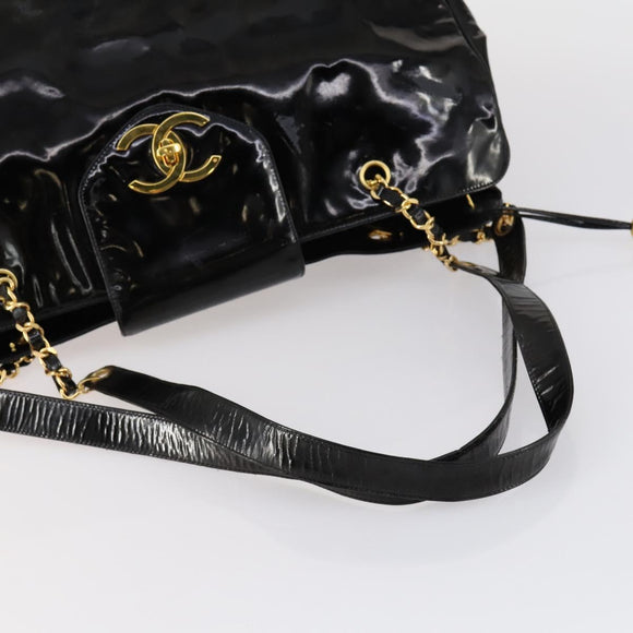 CHANEL Shoulder Bag Enamel Black Gold CC Auth bs30987