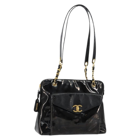 CHANEL Shoulder Bag Enamel Black Gold CC Auth bs30988