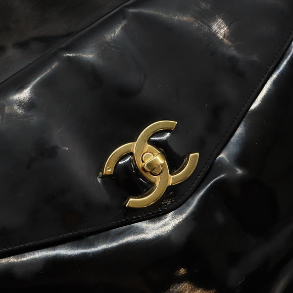 CHANEL Shoulder Bag Enamel Black Gold CC Auth bs30988