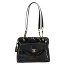 CHANEL Shoulder Bag Enamel Black Gold CC Auth bs30988-2