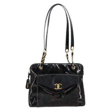 CHANEL Shoulder Bag Enamel Black Gold CC Auth bs30988 - 0