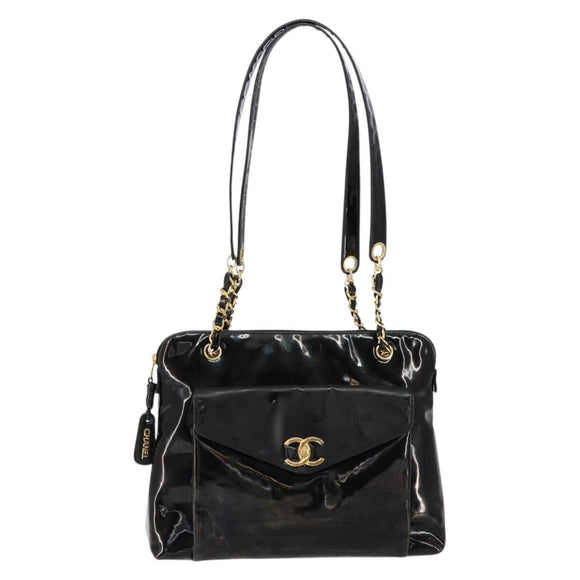 CHANEL Shoulder Bag Enamel Black Gold CC Auth bs30988