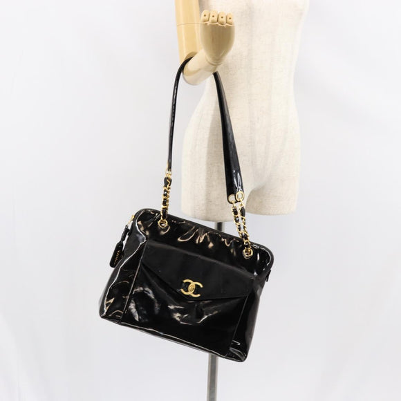 CHANEL Shoulder Bag Enamel Black Gold CC Auth bs30988