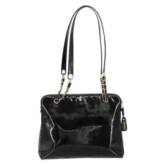 CHANEL Shoulder Bag Enamel Black Gold CC Auth bs30988