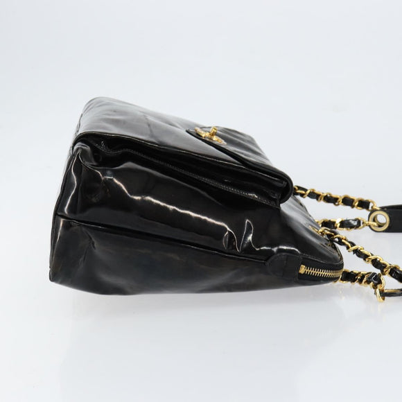 CHANEL Shoulder Bag Enamel Black Gold CC Auth bs30988