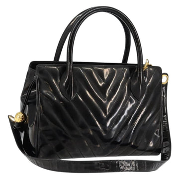 CHANEL V Stitch Hand Bag Enamel 2way Black Gold CC Auth bs30989
