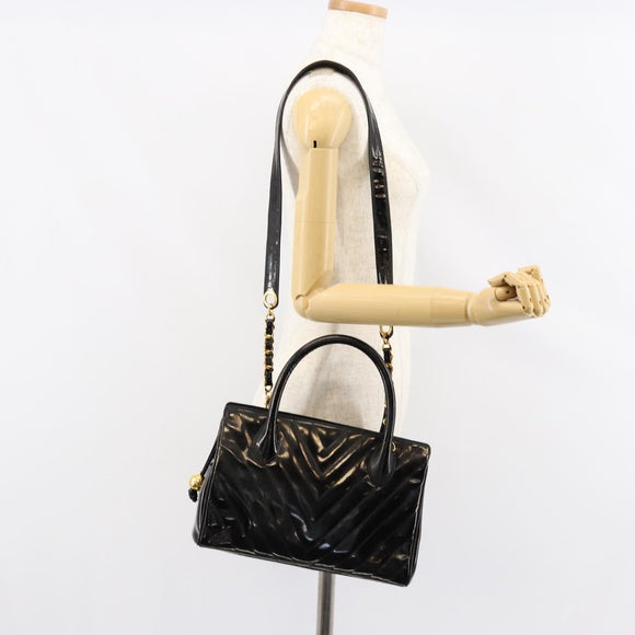 CHANEL V Stitch Hand Bag Enamel 2way Black Gold CC Auth bs30989