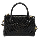 CHANEL V Stitch Hand Bag Enamel 2way Black Gold CC Auth bs30989-3