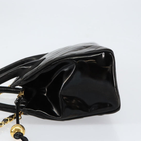 CHANEL V Stitch Hand Bag Enamel 2way Black Gold CC Auth bs30989