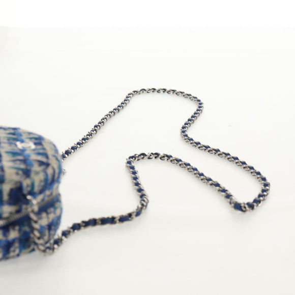 CHANEL Chain Shoulder Bag Tweed Blue Silver CC Auth bs30994V