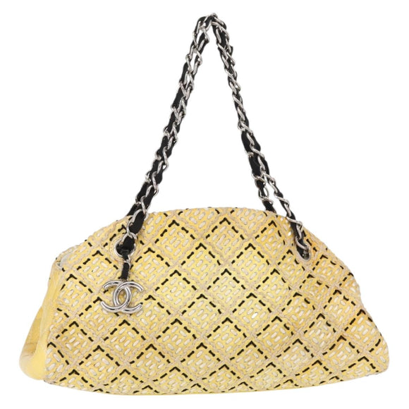 CHANEL Mademoiselle Chain Shoulder Bag Enamel Yellow Silver CC Auth bs30996