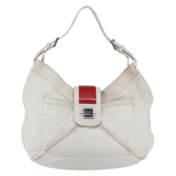 LOEWE Anagram Shoulder Bag Leather White Silver Auth bs31002