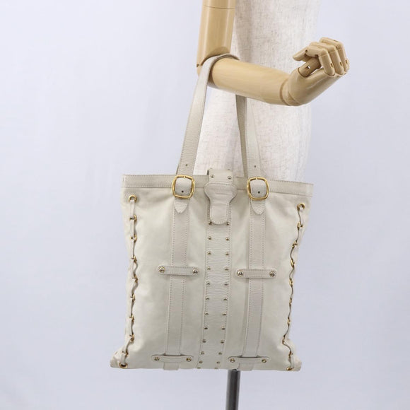 VALENTINO Tote Bag Leather White Gold Auth bs31012