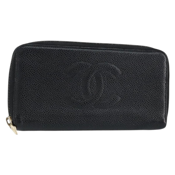 CHANEL COCO Mark Long Wallet Caviar Skin Black Silver CC Auth bs31033