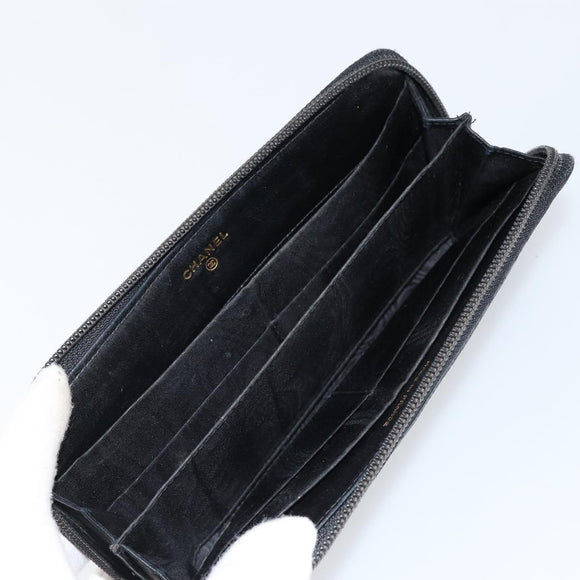CHANEL COCO Mark Long Wallet Caviar Skin Black Silver CC Auth bs31033