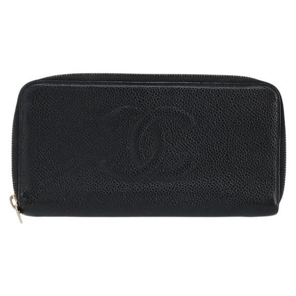 CHANEL COCO Mark Long Wallet Caviar Skin Black Silver CC Auth bs31033
