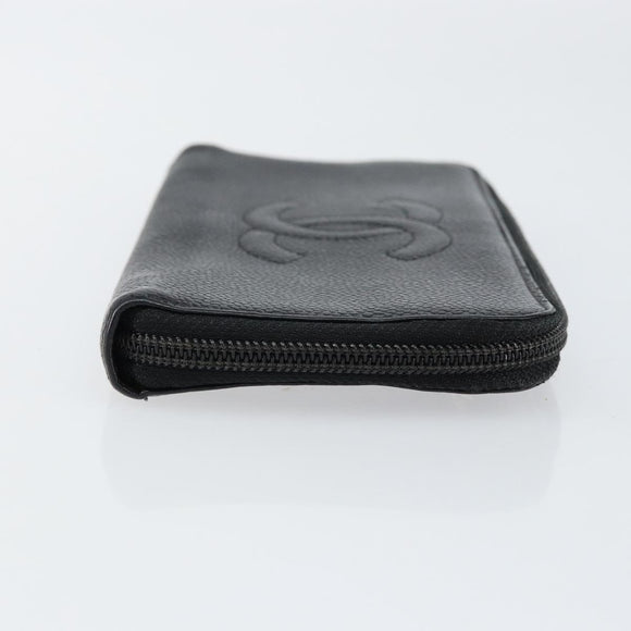 CHANEL COCO Mark Long Wallet Caviar Skin Black Silver CC Auth bs31033
