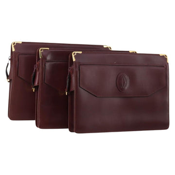 CARTIER Must Line Clutch Bag Leather 3 Set Bordeaux Gold Auth bs31059