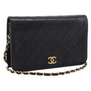 CHANEL Matelasse Chain Shoulder Bag Lamb Skin Black Gold CC Auth bs31111-1