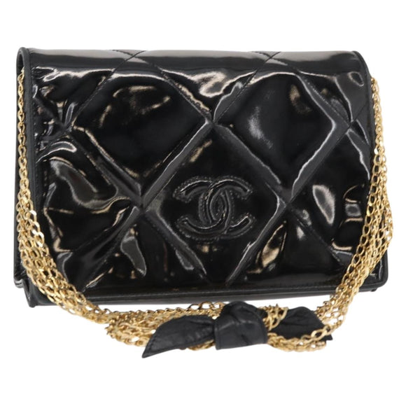 CHANEL Matelasse Chain Shoulder Bag Enamel Black Gold CC Auth bs31115