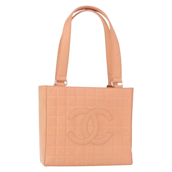 CHANEL Choco Bar Hand Bag Lamb Skin Beige CC Auth bs31118