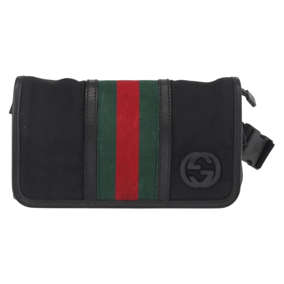 GUCCI Web Sherry Line Shoulder Bag Nylon Black Green 181064 Auth bs31135