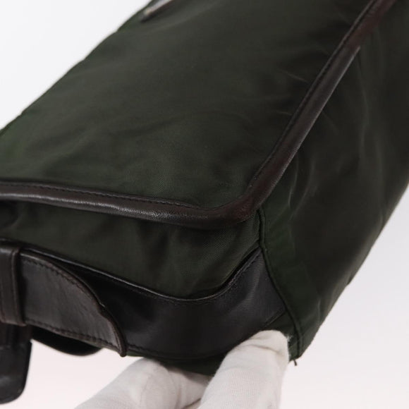 PRADA Shoulder Bag Nylon Leather Khaki Silver Auth bs31146