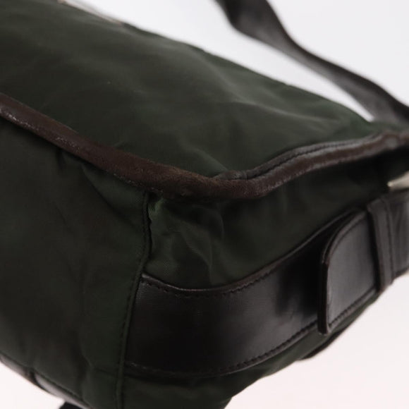 PRADA Shoulder Bag Nylon Leather Khaki Silver Auth bs31146