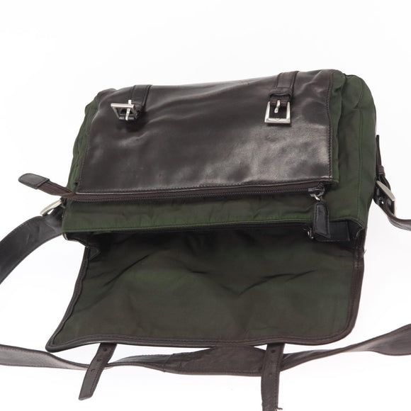 PRADA Shoulder Bag Nylon Leather Khaki Silver Auth bs31146