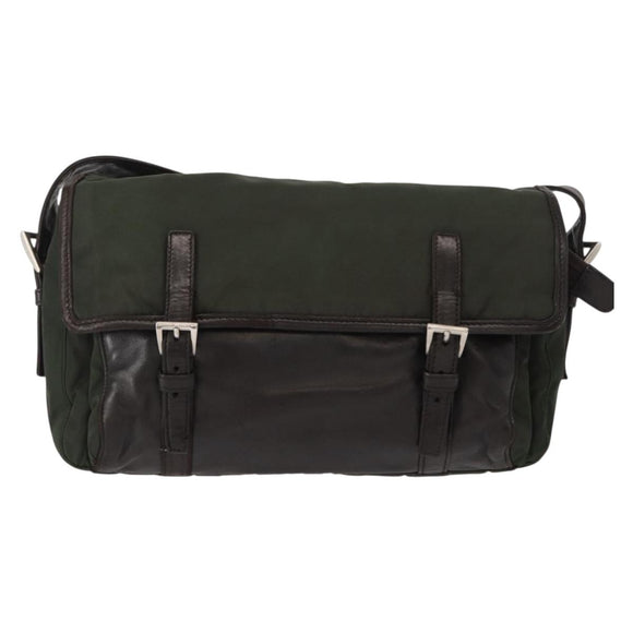 PRADA Shoulder Bag Nylon Leather Khaki Silver Auth bs31146