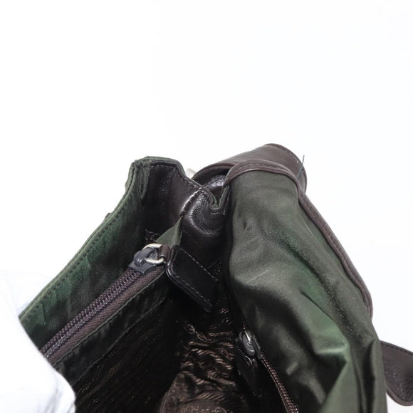 PRADA Shoulder Bag Nylon Leather Khaki Silver Auth bs31146