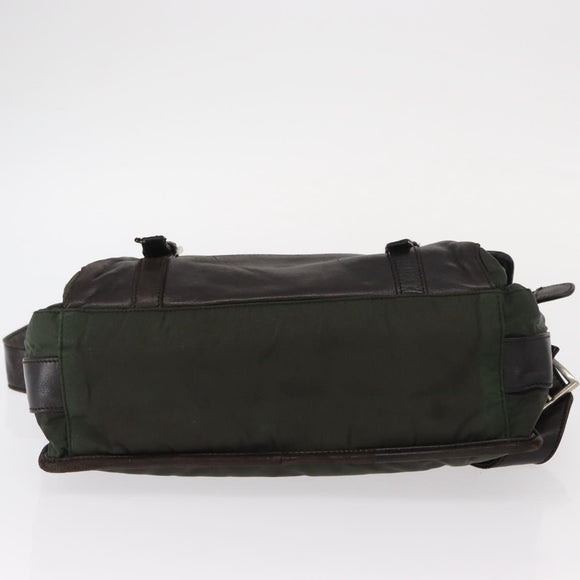 PRADA Shoulder Bag Nylon Leather Khaki Silver Auth bs31146