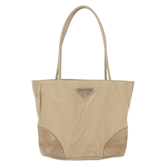 PRADA Tote Bag Nylon Leather Beige Silver Auth bs31154