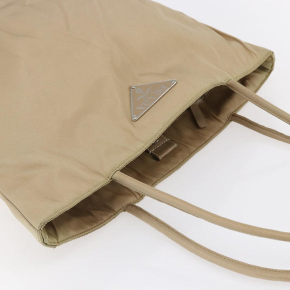 PRADA Tote Bag Nylon Leather Beige Silver Auth bs31154