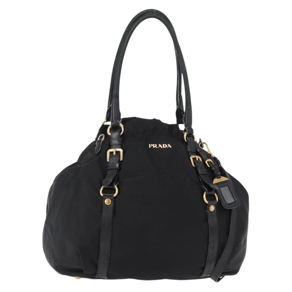 PRADA Tote Bag Nylon Leather 2way Black Gold Auth bs31167