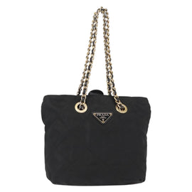 PRADA Chain Hand Bag Nylon Black Gold Auth bs31172